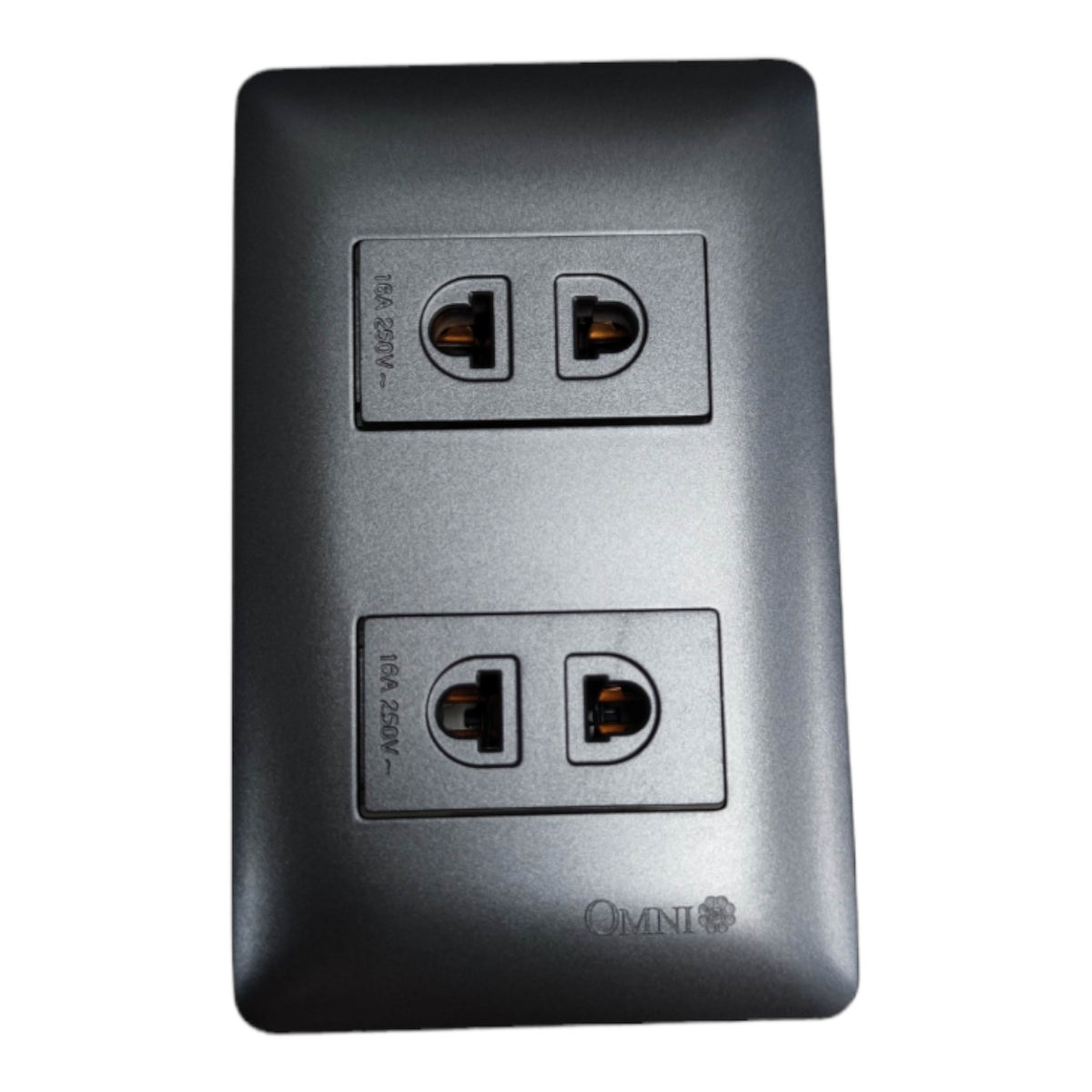A dual electrical outlet panel with a matte dark gray to black finish, featuring two sets of two outlets each labeled 16A 250V, with the brand name OMNI printed near the bottom.