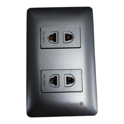 A dual electrical outlet panel with a matte dark gray to black finish, featuring two sets of two outlets each labeled 16A 250V, with the brand name OMNI printed near the bottom.