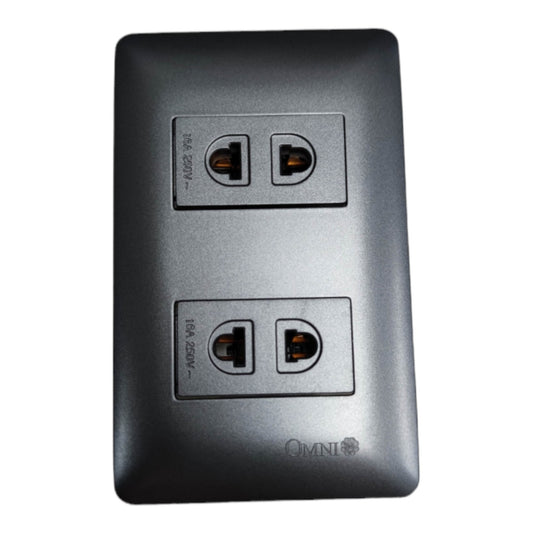 A dual electrical outlet panel with a matte dark gray to black finish, featuring two sets of two outlets each labeled 16A 250V, with the brand name OMNI printed near the bottom.