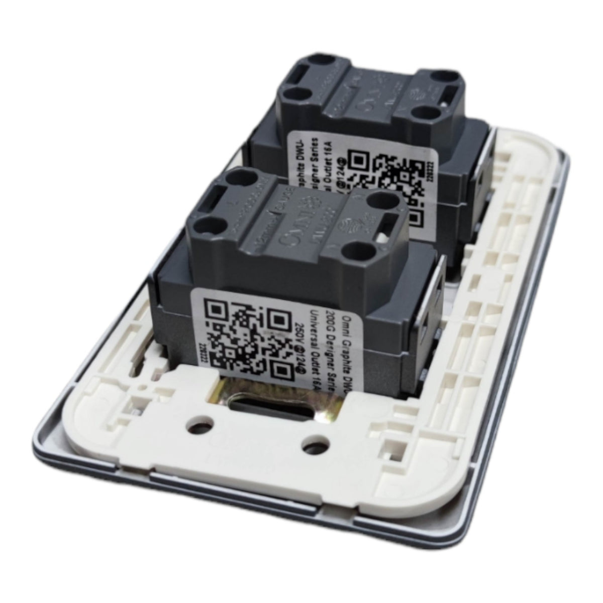 A replacement light switch module featuring two black contact relays mounted on a white plastic backplate with a silver metal edge, shown against a plain white background.