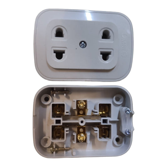 A white plastic outdoor duplex outlet cover plate shown in two halves, with the top half displaying the front face with two outlets and the bottom half showing the internal terminal connections with brass screws and screws.