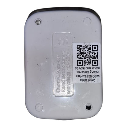The bottom white plastic casing of an Orbit WG-MAC universal remote control, featuring screw holes, a product info label, and a QR code sticker.