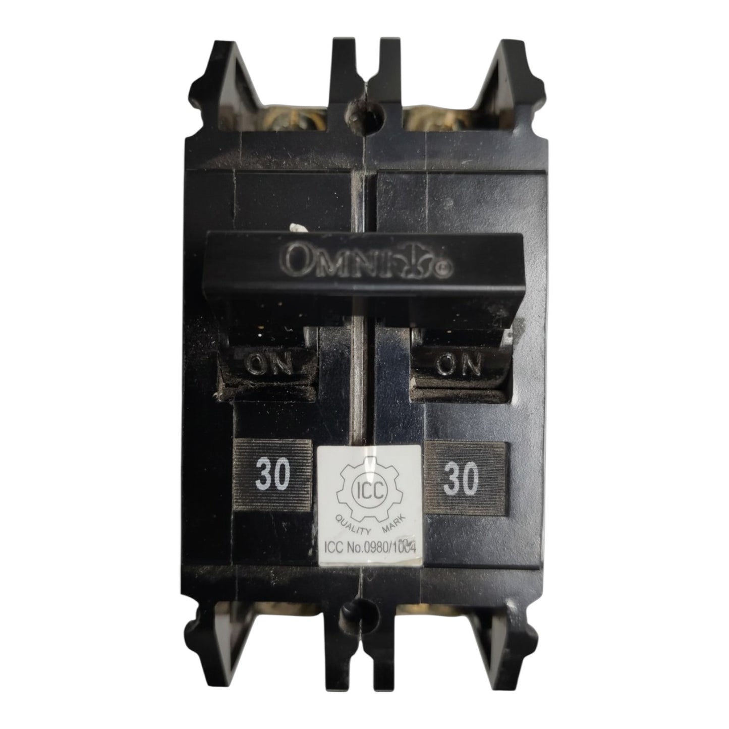 A black Omnipred 30A electrical contactor with a central label showing ICC certification details, photographed against a plain white background.