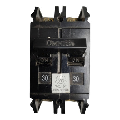 A black Omnipred 30A electrical contactor with a central label showing ICC certification details, photographed against a plain white background.
