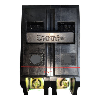 A black plastic electrical terminal block with two screw terminals and a metal connector plate embossed with the brand name 'OMNI'. A red horizontal line with '4.
