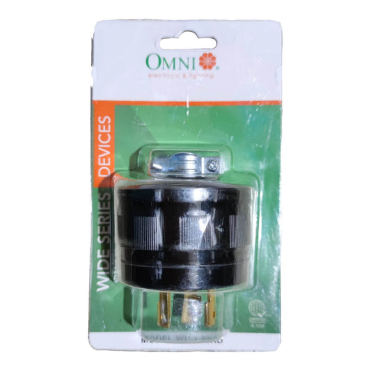 An Omni electrical and lighting WIDE SERIES DEVICES switch component in its original retail blister packaging, featuring a black plastic body with gold metal contacts and a silver metal terminal cap.