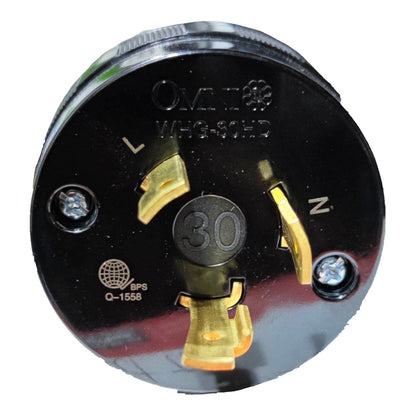 A circular black electrical socket or connector with three gold-colored metal contacts and printed terminal labels L, N, and 30. The brand name 'OMTO' is embossed on the top surface, along with other technical markings.
