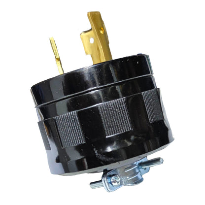 A black cylindrical electrical outlet or socket component with gold-toned metal terminals on top and a silver metal mounting bracket on the bottom, shown against a plain white background.