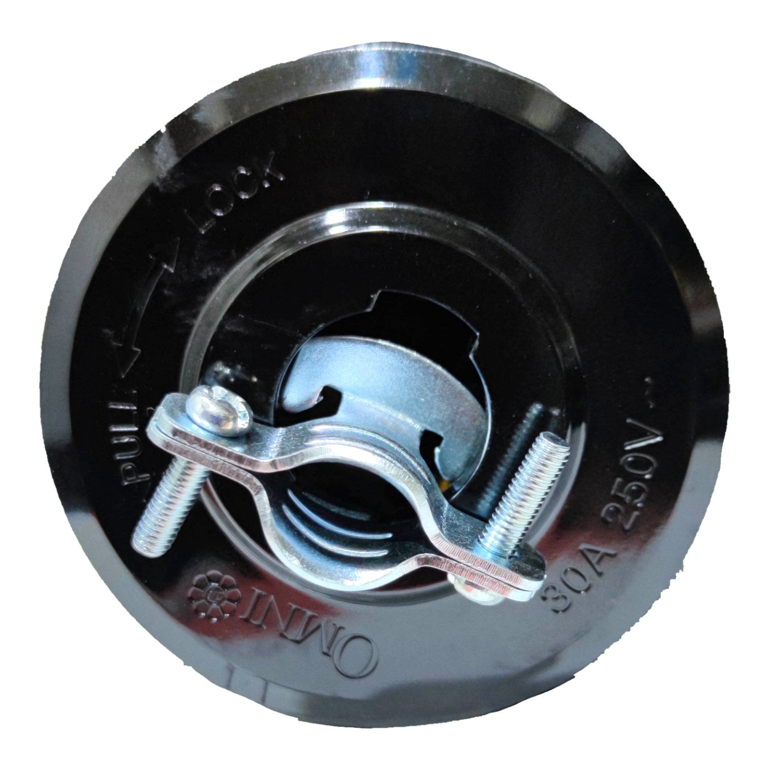 A close-up of a circular black metal electrical component with a silver clamp and threaded bolts, showing embossed text including 'OMNI' and '30A 250V'.