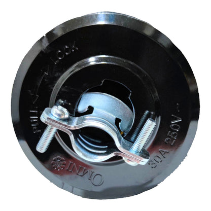 A close-up of a circular black metal electrical component with a silver clamp and threaded bolts, showing embossed text including 'OMNI' and '30A 250V'.
