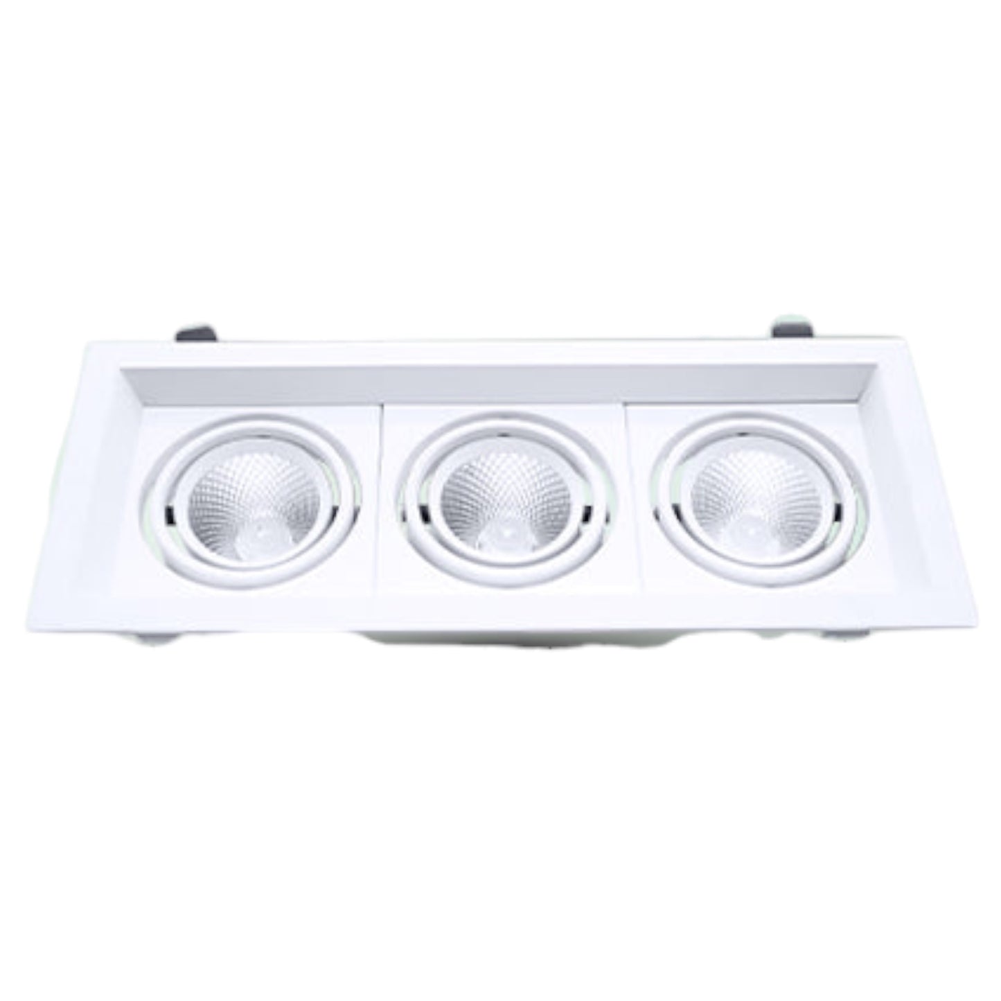 A white three-light recessed ceiling fixture with three round LED light sources, shown against a plain white background.