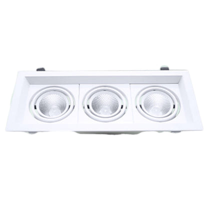 A white three-light recessed ceiling fixture with three round LED light sources, shown against a plain white background.