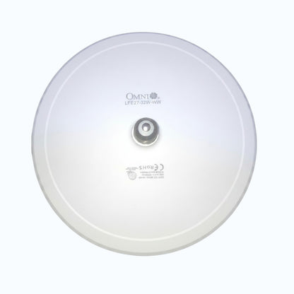 A top-down view of a white circular Omni LPE2-525-WW wireless access point on a light gray background.