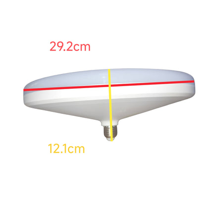 A white dome-shaped light fixture with a metal screw base, overlaid with red and yellow dimension lines and text showing 29.2cm width and 12.