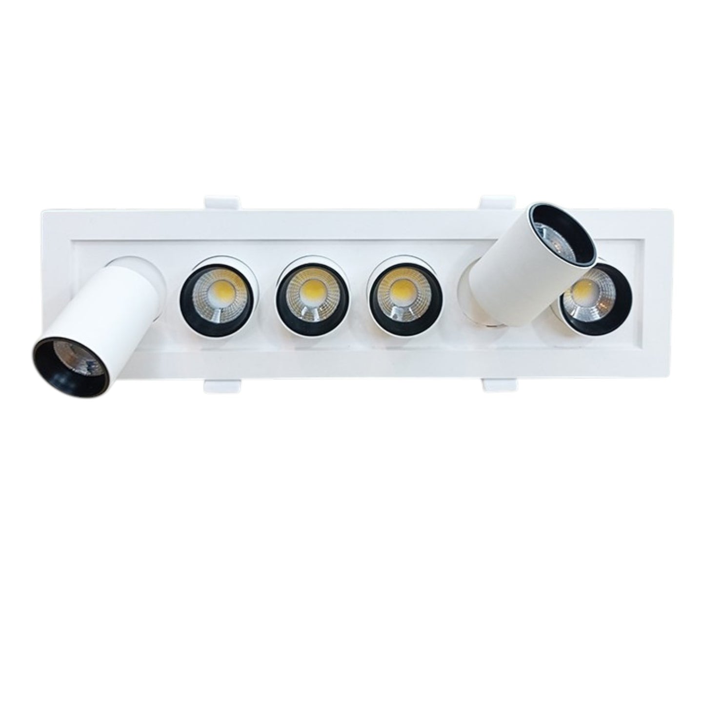 A modern 5-light linear ceiling track light fixture in white, featuring four adjustable spotlight heads and one wider downlight head, shown against a plain white background.