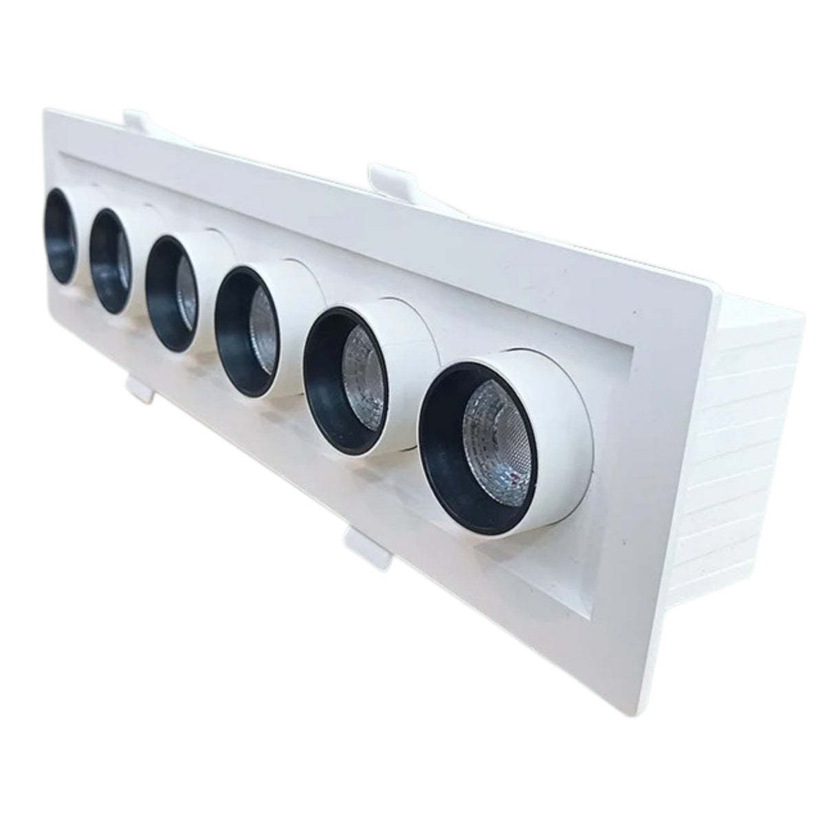 A white recessed LED downlight fixture with six circular light sockets, shown at an angle on a plain white background.