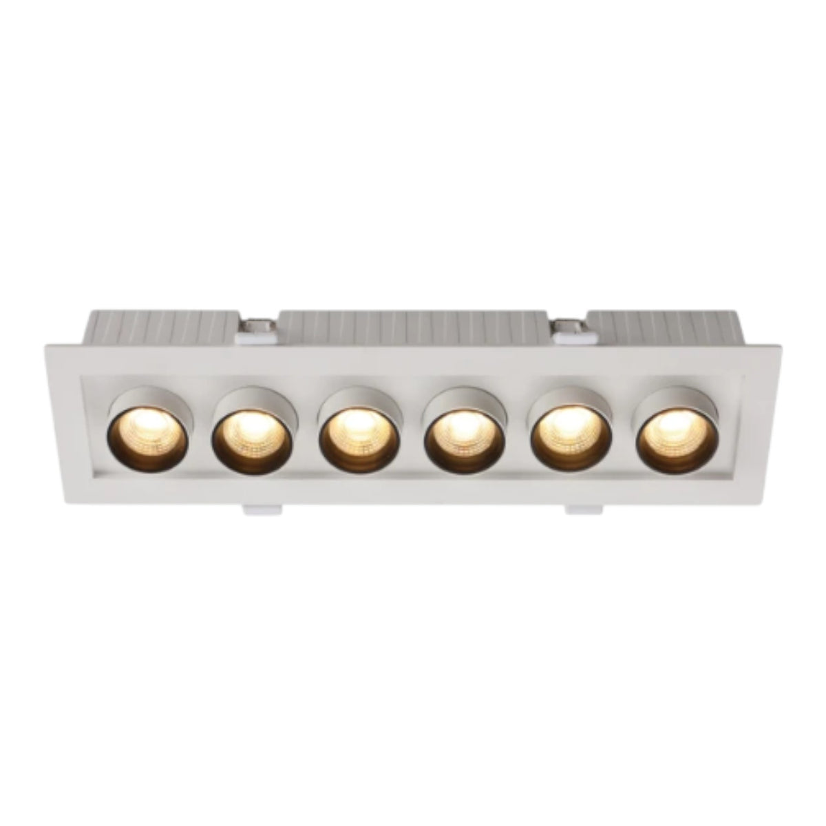 A rectangular recessed ceiling light fixture with six adjustable spotlight heads, shown against a plain white background.