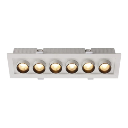 A rectangular recessed ceiling light fixture with six adjustable spotlight heads, shown against a plain white background.