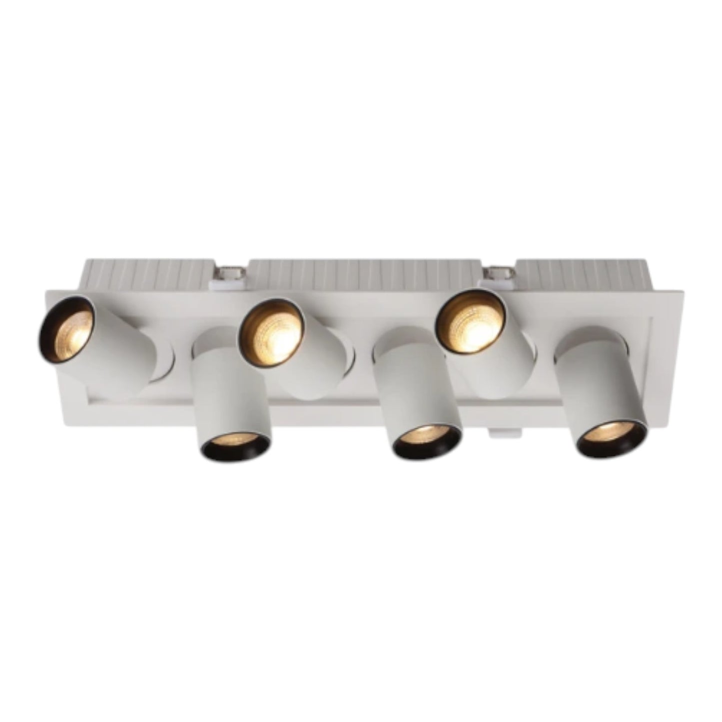 A modern 5-light linear recessed ceiling light fixture with adjustable cylindrical spotlight heads, shown against a plain white background.