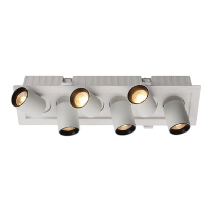 A modern 5-light linear recessed ceiling light fixture with adjustable cylindrical spotlight heads, shown against a plain white background.