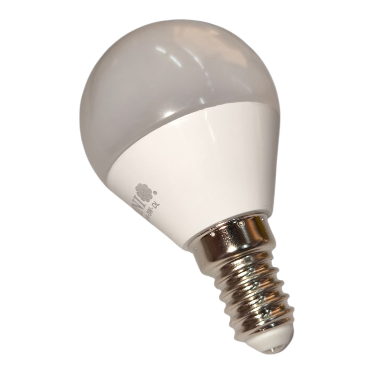 A compact LED light bulb with a frosted white glass globe and a silver screw base, shown against a plain white background.