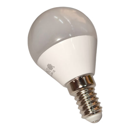 A compact LED light bulb with a frosted white glass globe and a silver screw base, shown against a plain white background.