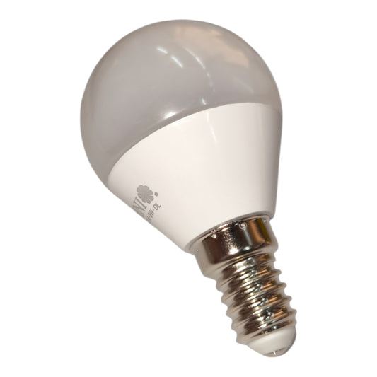 A compact LED light bulb with a frosted white glass globe and a silver screw base, shown against a plain white background.