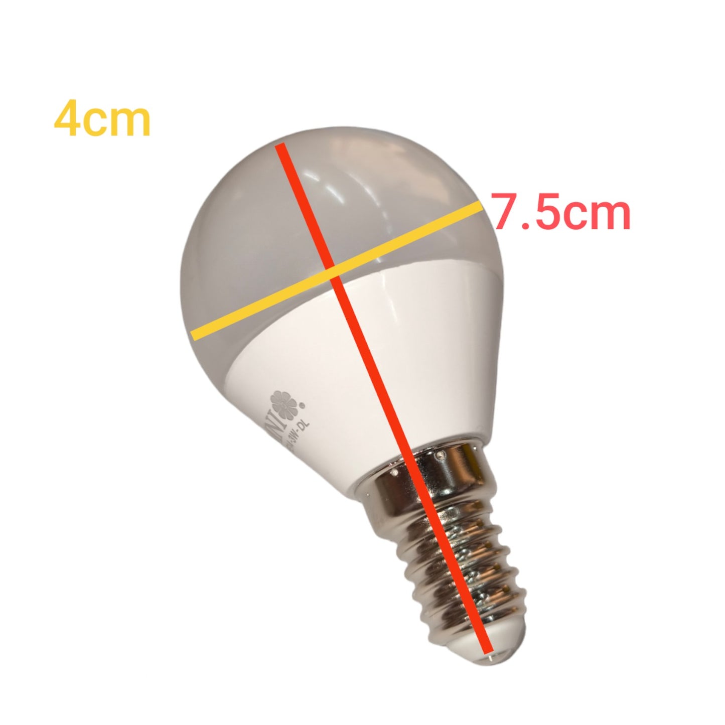 LED light bulb with dimension annotations showing a height of 4cm and a diameter of 7.5cm on a white background.