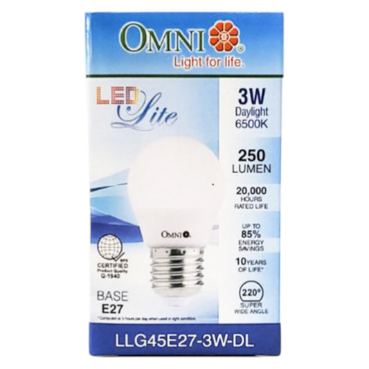 OMNI LED light bulb packaging on a white background