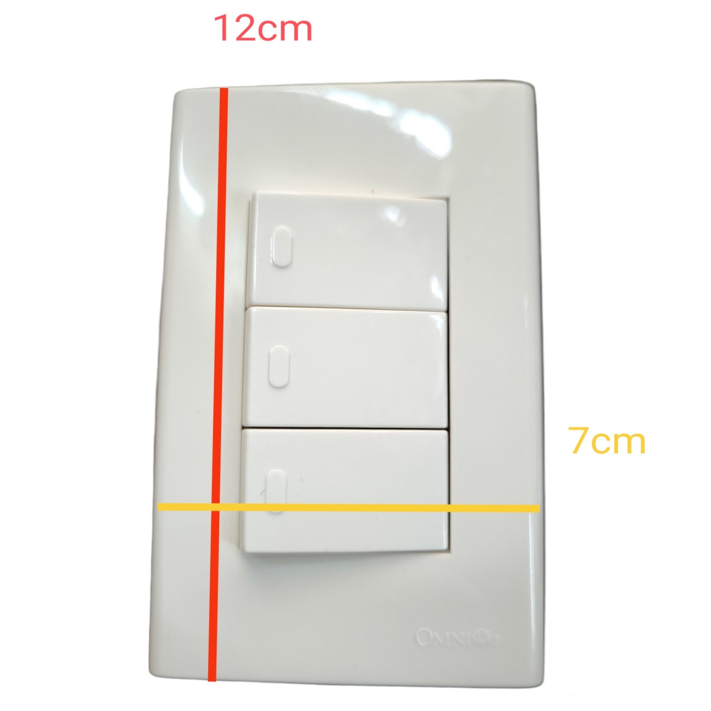 A three-switch white wall switch plate with red and yellow dimension lines and text indicating 12cm height and 7cm width on a white background.