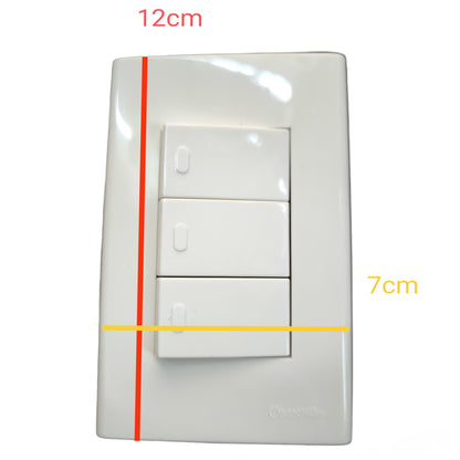 A three-switch white wall switch plate with red and yellow dimension lines and text indicating 12cm height and 7cm width on a white background.