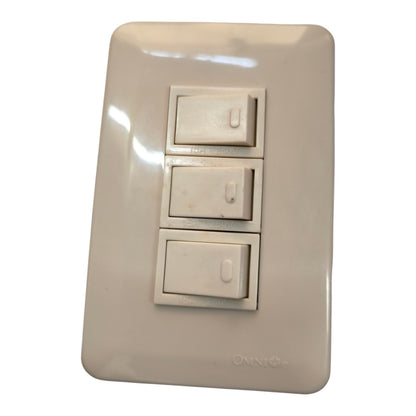 A three-light switch plate with three single-toggle switches, shown against a plain white background. The plate has a glossy finish and features the ONN logo at the bottom.