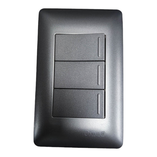 A three-button light switch plate in a matte black finish, featuring three rectangular switches stacked vertically with slim vertical indentations on each button. The brand name 'Omni' is subtly embossed near the bottom center.