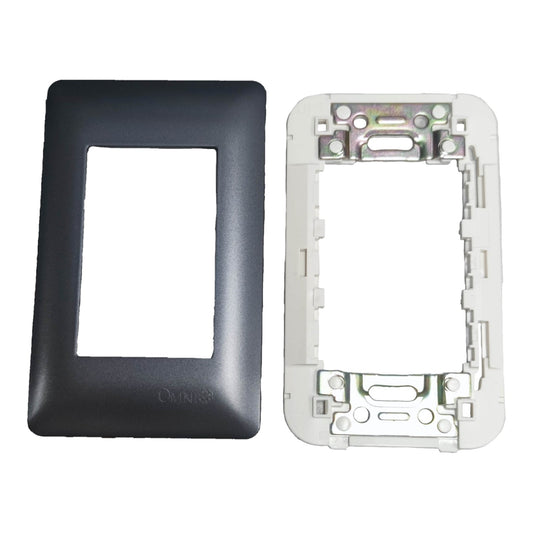 A black faceplate cover and a white backplate insert for a double-gang switch or outlet, displayed side-by-side on a white background.