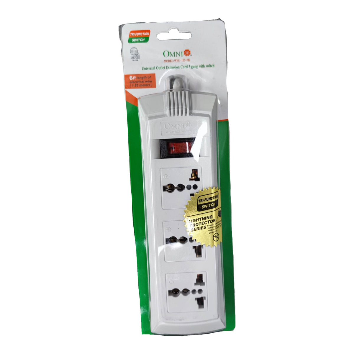 Omni 3 Gang Extension Cord Universal 6 Feet with Individual Switch Power Strip 3 Socket 10A 220V WEU-103-PK by Omni — Electx Electrical Supply product photo 1