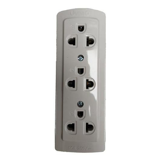 A single 3-outlet power strip with a gray plastic faceplate and black outlets, shown against a plain white background.