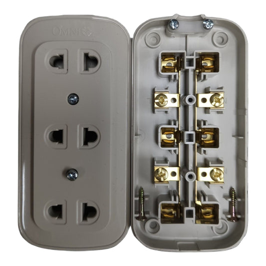 An open three-way electrical outlet junction box with a beige plastic outer shell, showing the front faceplate on the left and the internal terminal contacts on the right.