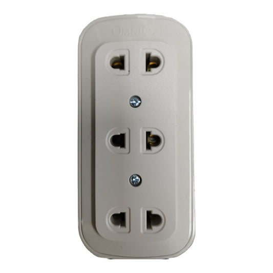 An Omnio brand 4-outlet duplex power strip with a beige plastic shell and silver screws, shown against a plain white background.