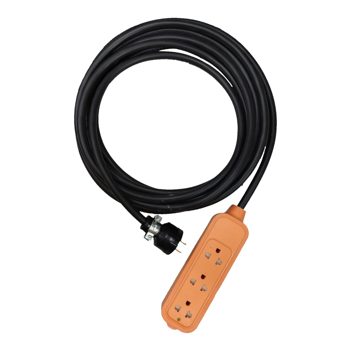 A coiled black extension cord with a multi-outlet orange power strip and a black plug connector, shown on a plain white background.