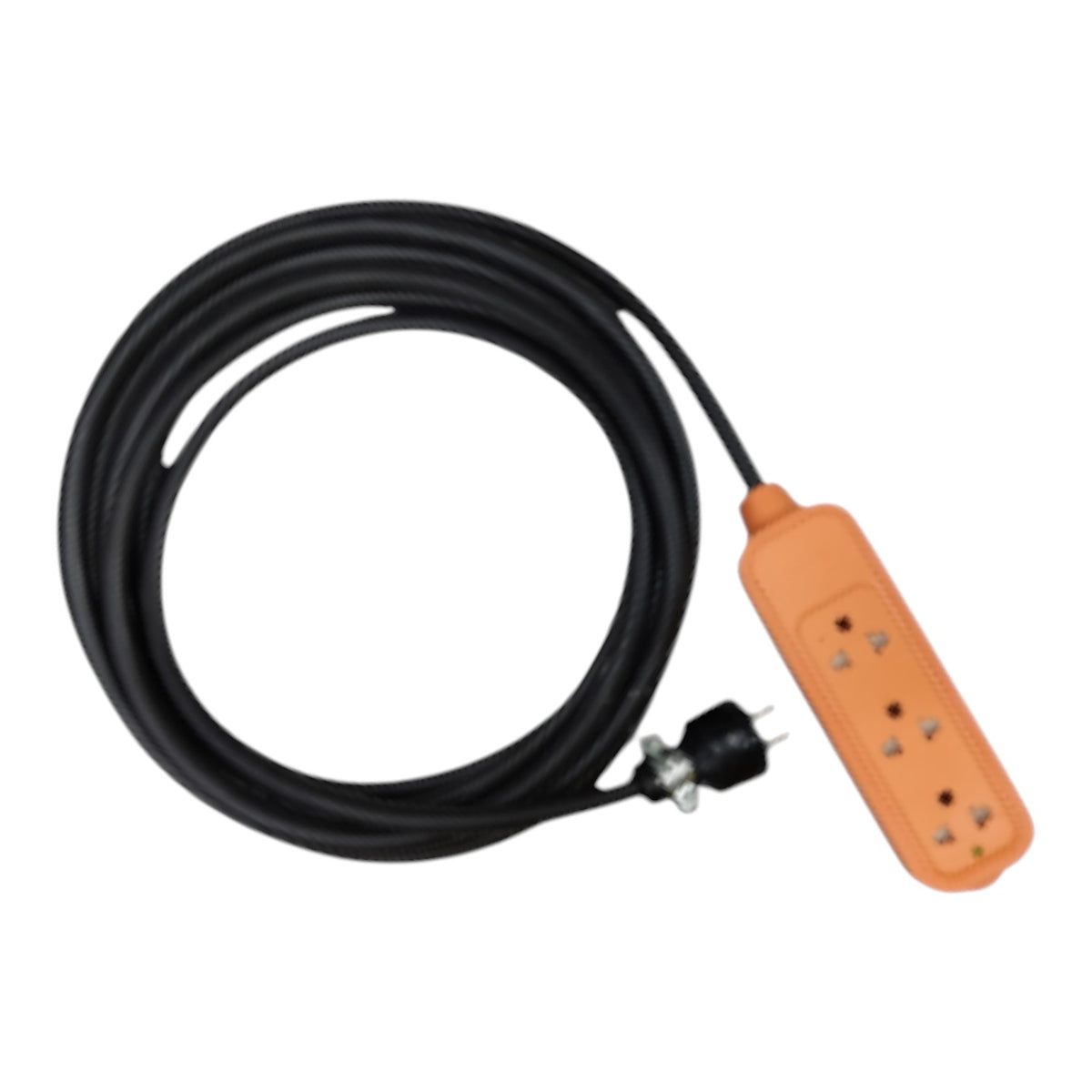 A coiled black power cord with a multi-outlet orange power strip connector, shown on a plain white background.