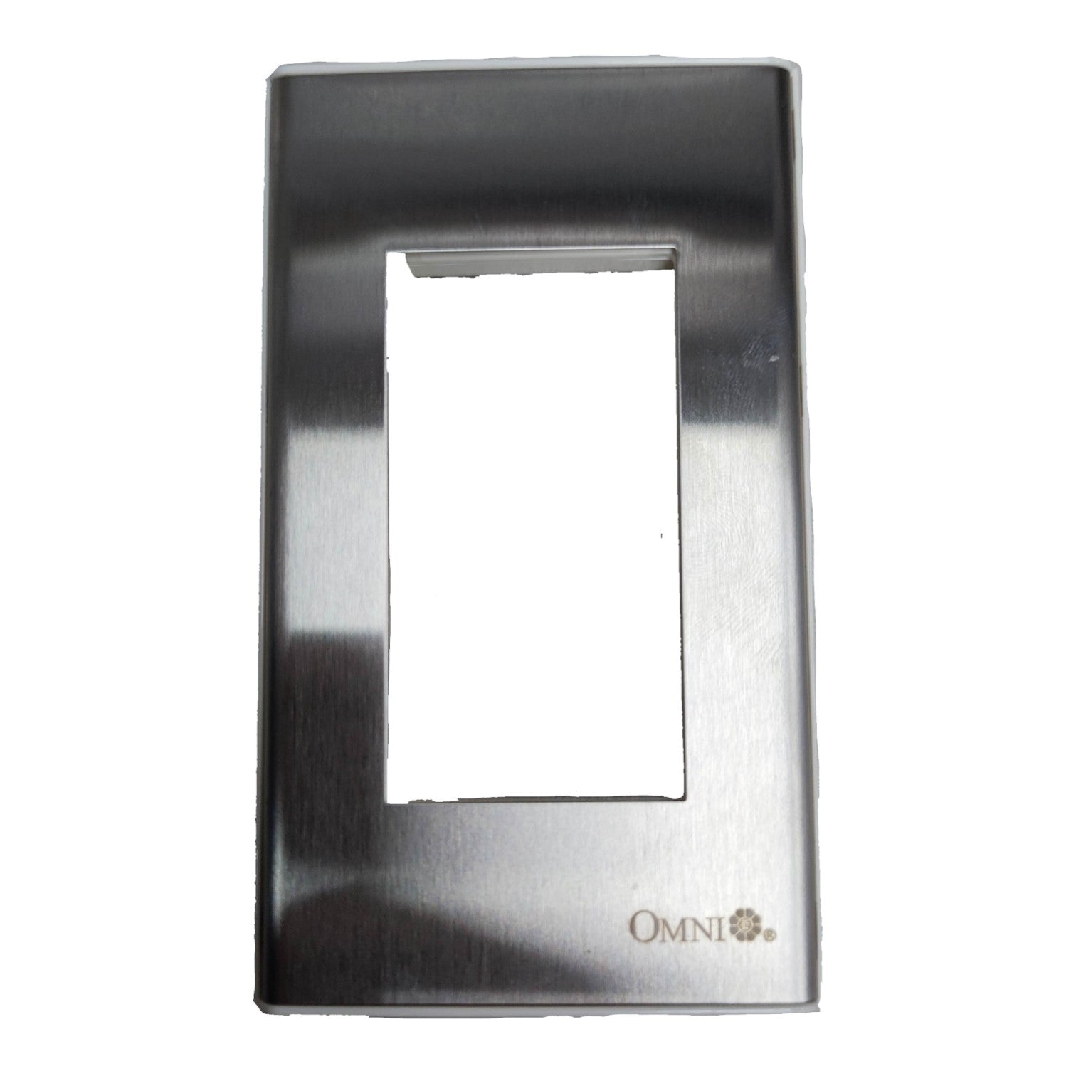 A brushed stainless steel light switch plate cover with a rectangular cutout in the center and the brand name 'OMNI' printed in the bottom right corner, shown against a plain white background.