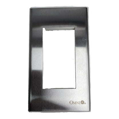A brushed stainless steel light switch plate cover with a rectangular cutout in the center and the brand name 'OMNI' printed in the bottom right corner, shown against a plain white background.