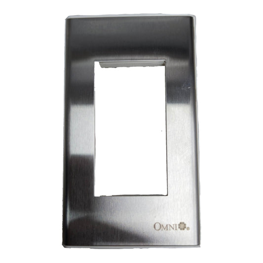 A brushed stainless steel light switch plate cover with a rectangular cutout in the center and the brand name 'OMNI' printed in the bottom right corner, shown against a plain white background.