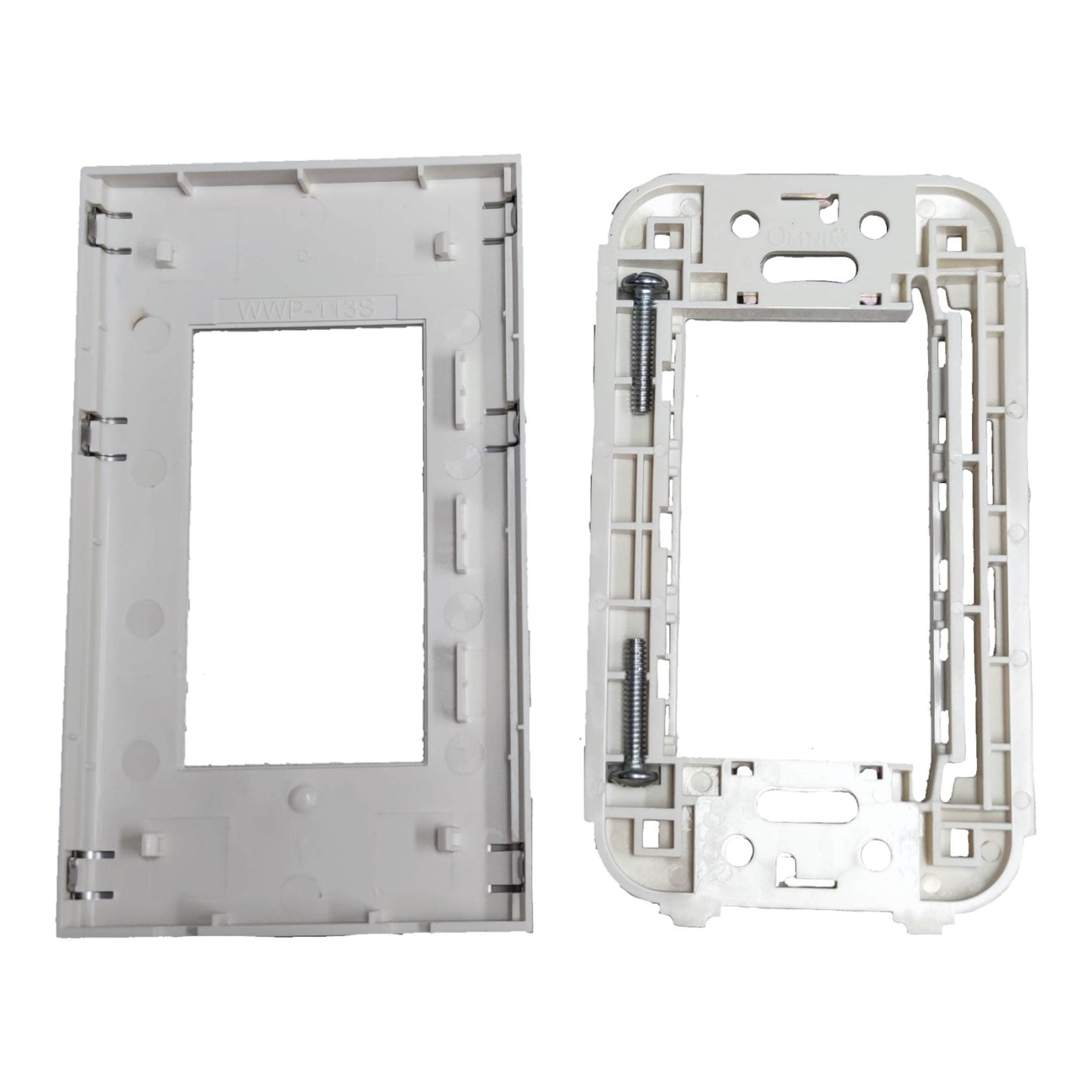 A pair of white plastic electrical wall switch plate frames, one showing the front face and the other showing the back side with mounting holes and a screw.