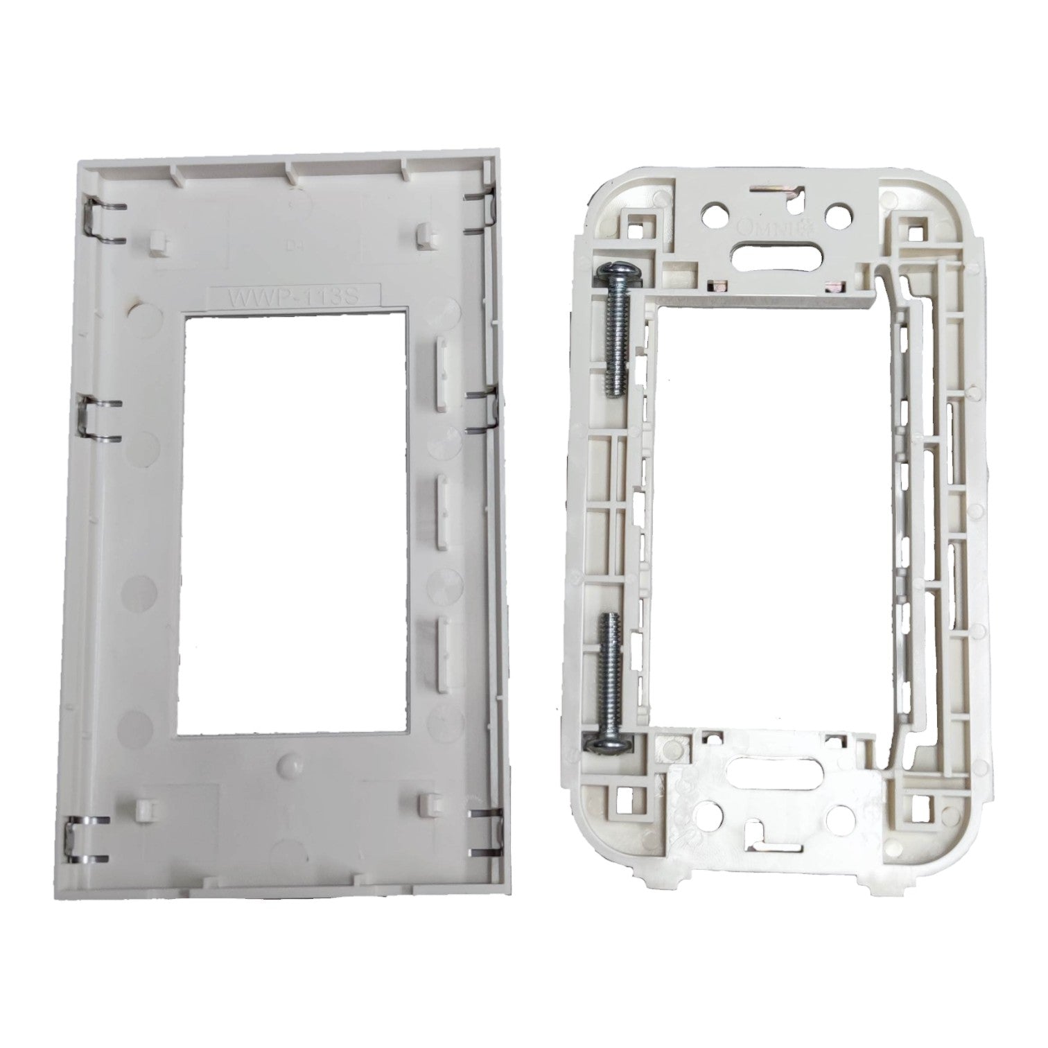 A pair of white plastic electrical wall switch plate frames, one showing the front face and the other showing the back side with mounting holes and a screw.
