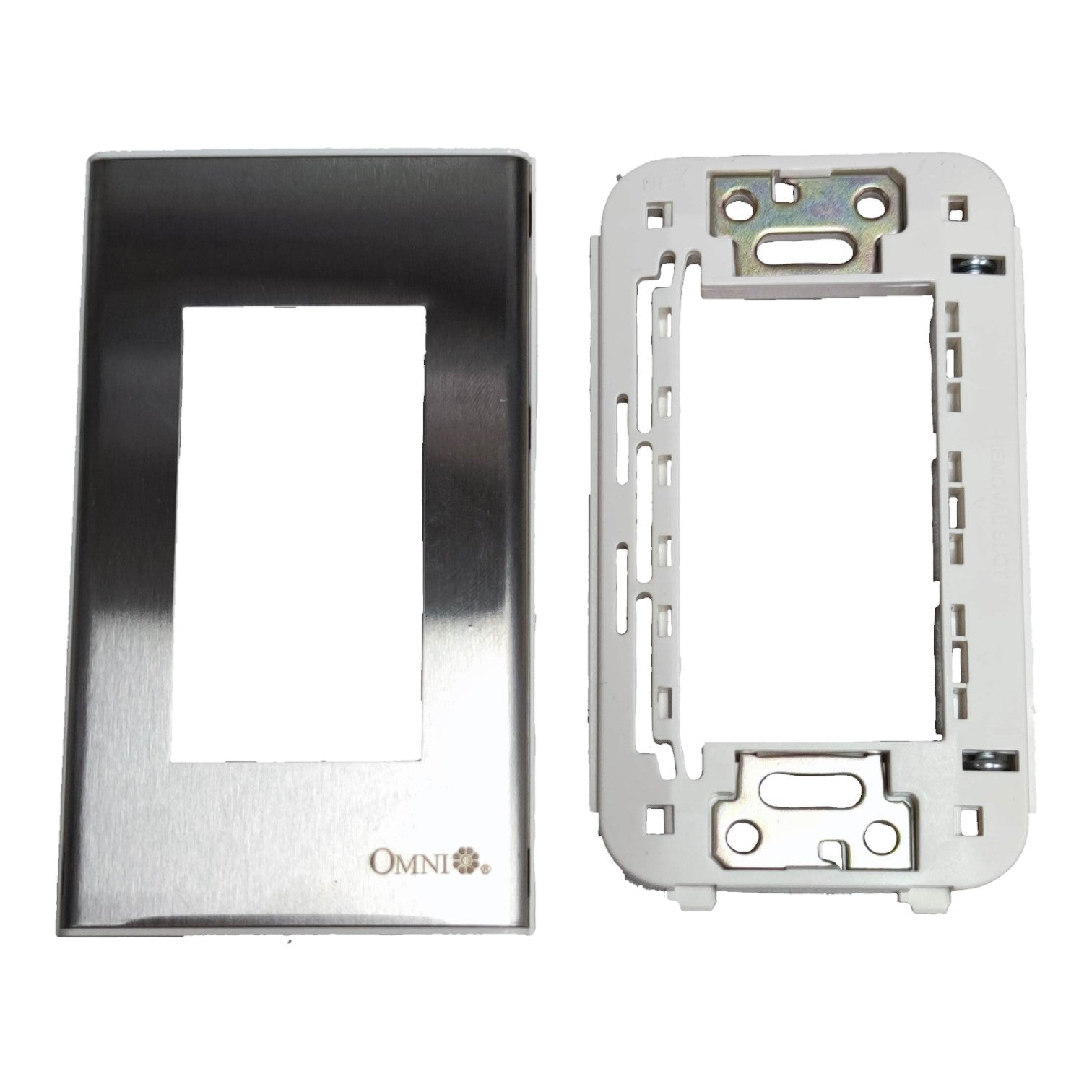 A pair of replacement electrical wall plates from the brand Omni, featuring a brushed stainless steel faceplate on the left and a white mounting frame on the right, set against a plain white background.