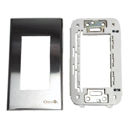 A pair of replacement electrical wall plates from the brand Omni, featuring a brushed stainless steel faceplate on the left and a white mounting frame on the right, set against a plain white background.