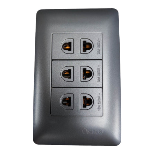 A dark gray three-outlet wall socket panel with a matte finish and the brand name 'OMNI' embossed at the bottom, shown against a plain white background.