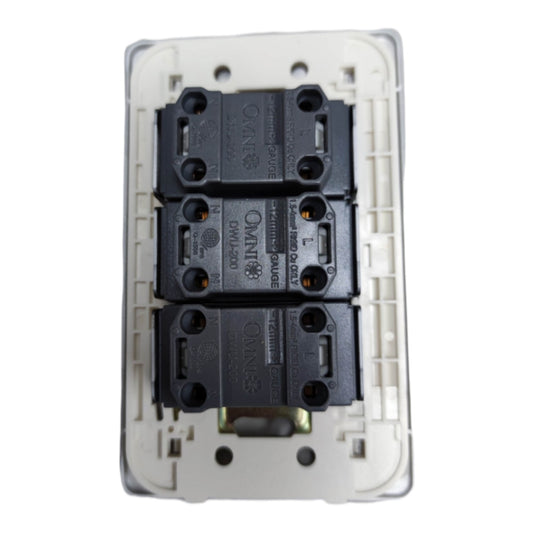 A three-way electrical switch module featuring three black Omni DM1200 contact modules mounted on a white plastic backplate, shown against a plain white background.