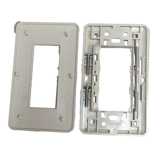 A pair of off-white plastic electrical outlet or switch plate frames shown on a plain white background, with one frame displaying the front face and the other showing the back with mounting holes and screws.